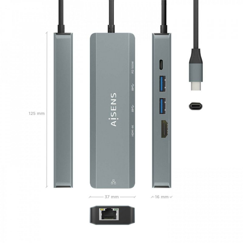 USB-C DOCK AISENS 5 EN 1 USB-C A 1XHDMI 1XRJ45 2XUSB 1XPD 15CM