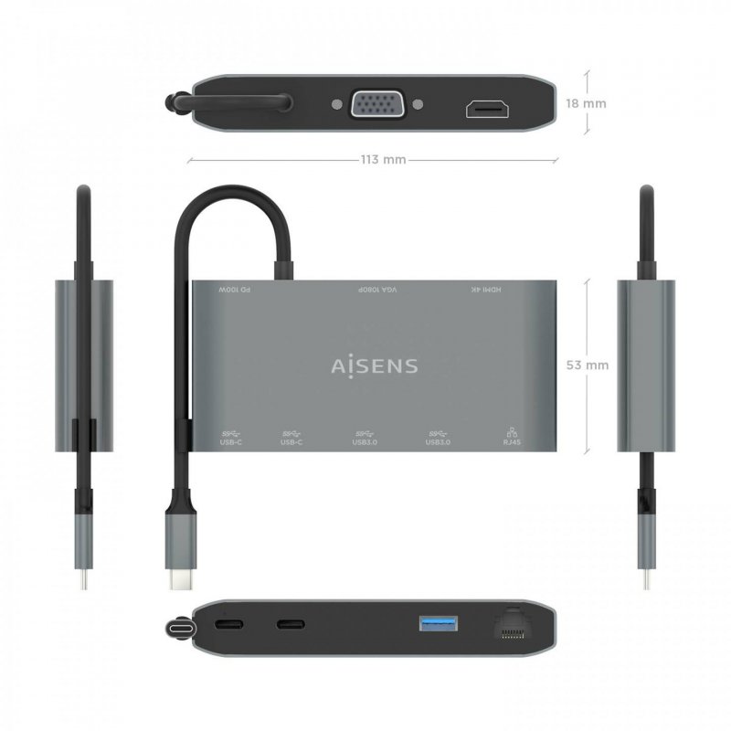 USB-C DOCK AISENS 8 EN 1 HDMI VGA RJ45 2XUSB-A 2XUSB-C 5G USB-C PD