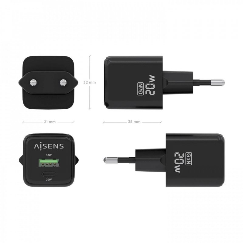 AISENS ASCH-20W2P011-BK mobile device charger Universal Black AC Fast charging Indoor