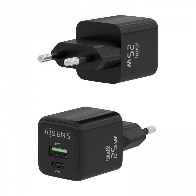 CARGADOR AISENS GAN 25W 1XUSB-C PD3.0 QC4.0 1XUSB-A QC3.0 NEGRO