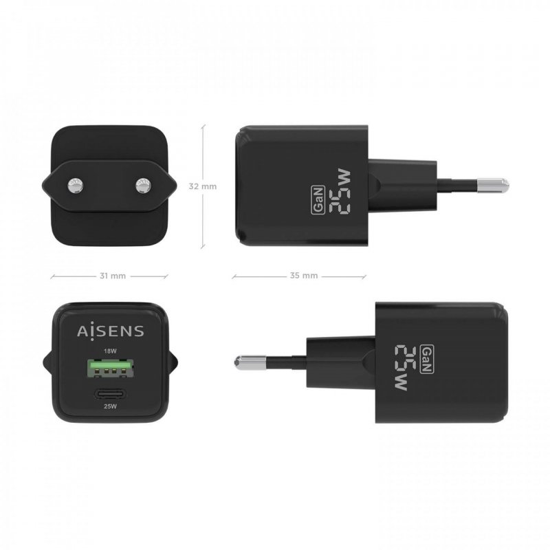 CARGADOR AISENS GAN 25W 1XUSB-C PD3.0 QC4.0 1XUSB-A QC3.0 NEGRO