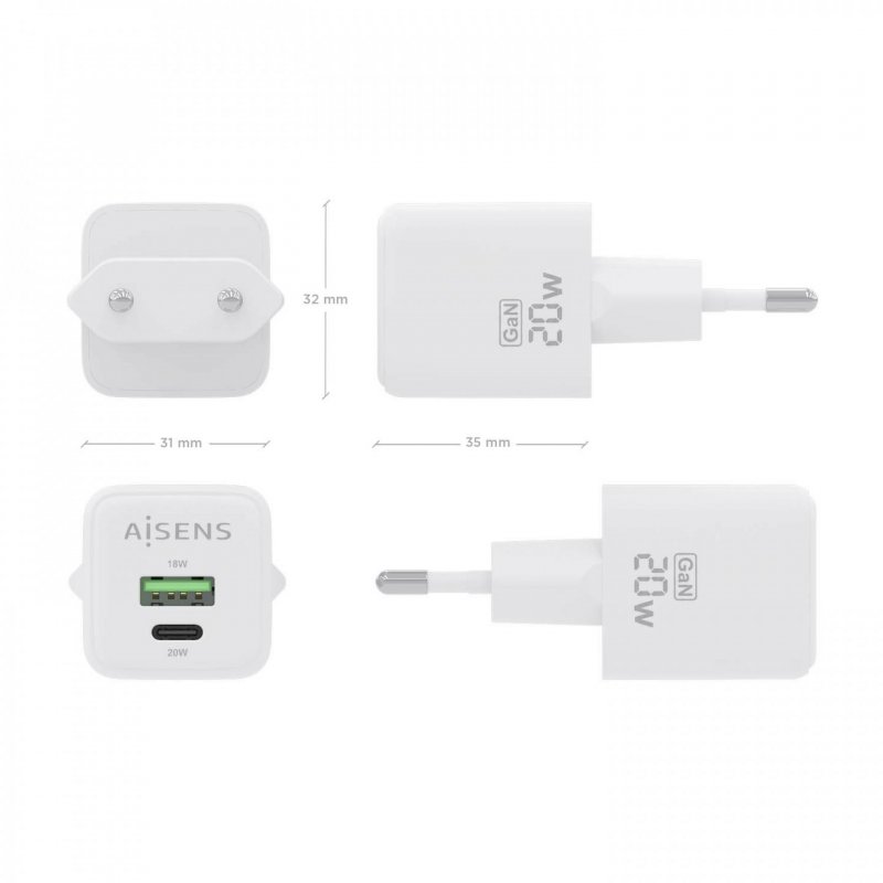 CARGADOR AISENS GAN 20W 1XUSB-C PD3.0 QC4.0 1XUSB-A QC3.0 BLANCO
