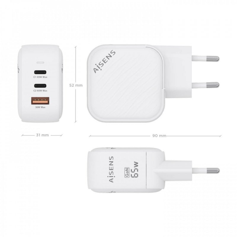CARGADOR AISENS GAN 65W 2XUSB-C PD3.0 QC4.0 1XUSB-A QC3.0 BLANCO