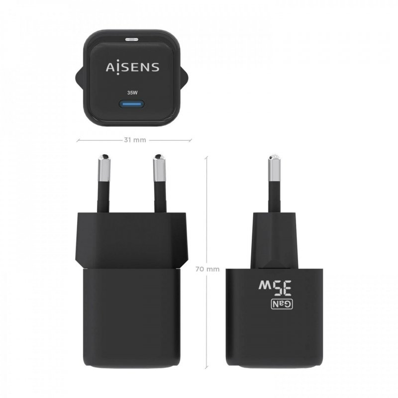 CARGADOR AISENS GAN 35W 1XUSB-C PD3.0 QC4.0 NEGRO