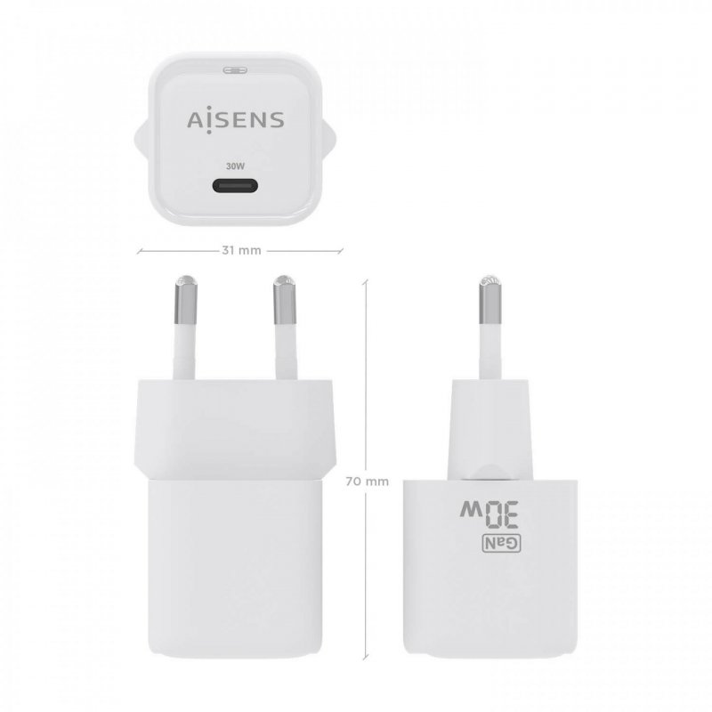 CARGADOR AISENS GAN 30W 1XUSB-C PD3.0 QC4.0 BLANCO