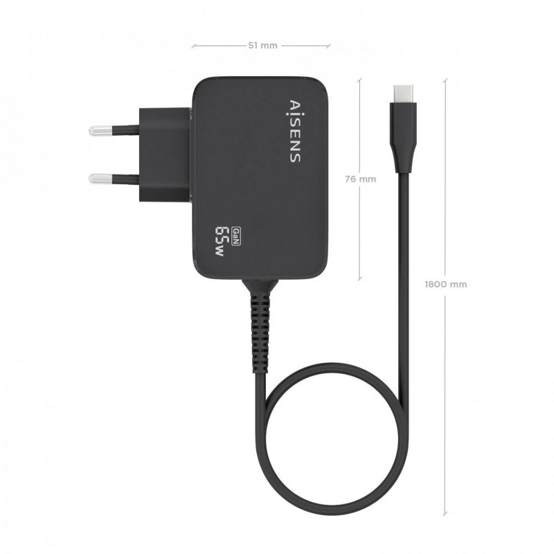 CARGADOR AISENS GAN 65W PD3.0 1XUSB-C 1.8M NEGRO