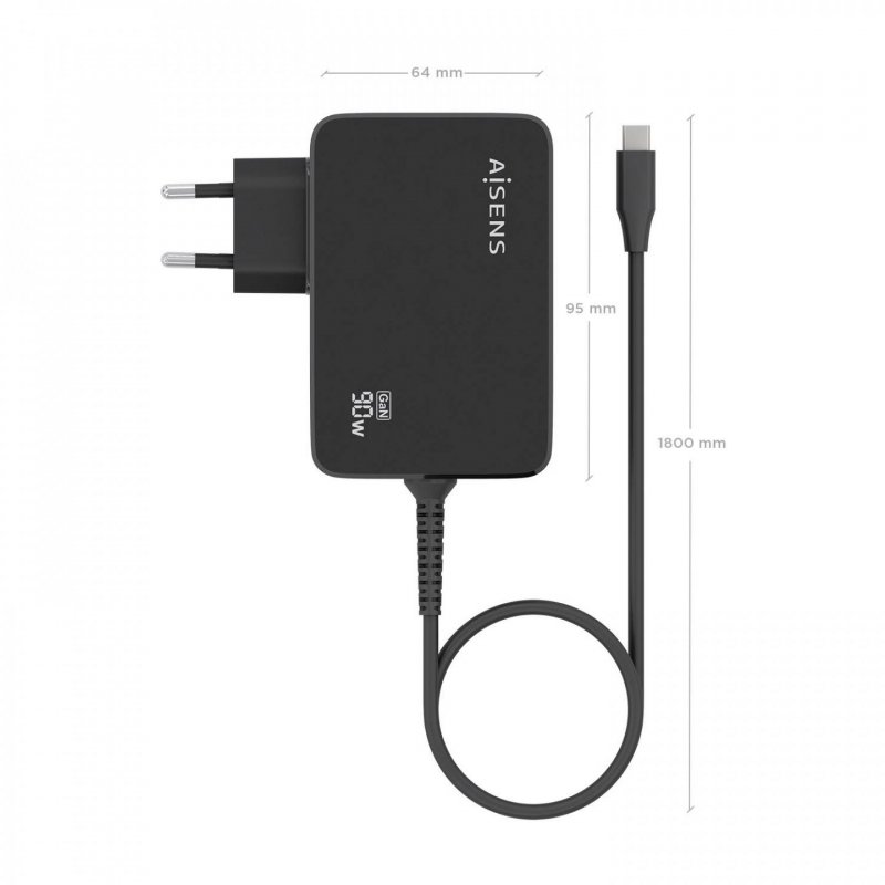 CARGADOR AISENS GAN 90W PD3.0 1XUSB-C 1.8M NEGRO