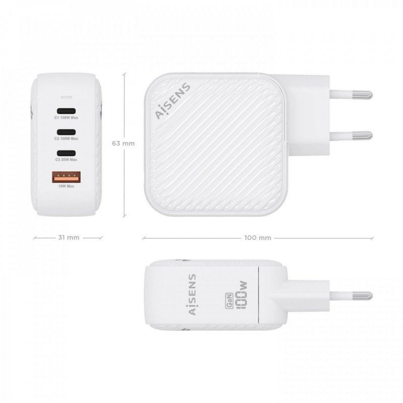 CARGADOR AISENS GAN 100W 3XUSB-C PD3.0 QC4.0 1XUSB-A QC3.0 BLANCO