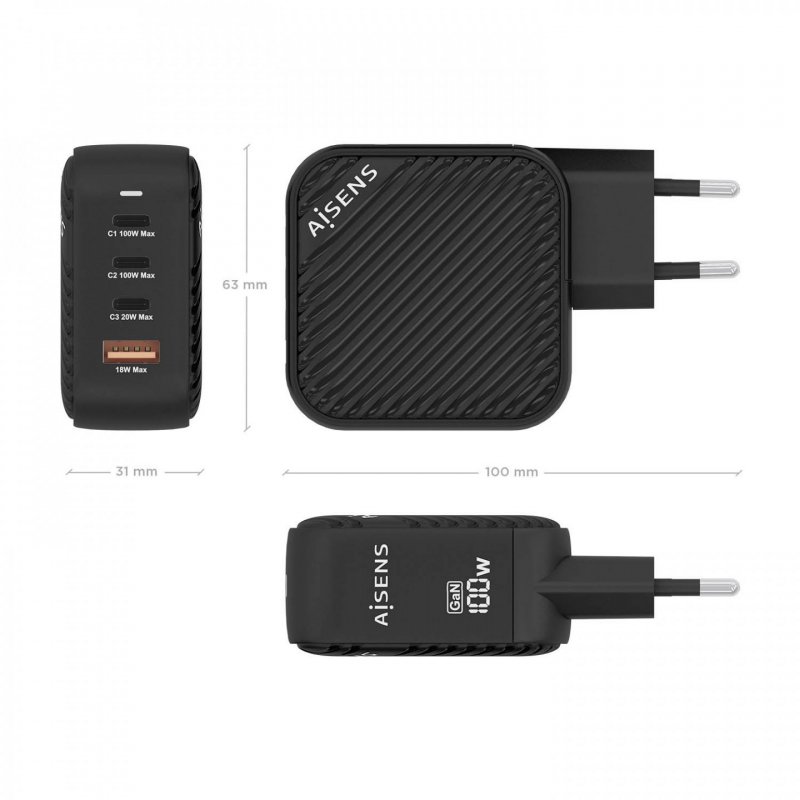 CARGADOR AISENS GAN 100W 3XUSB-C PD3.0 QC4.0 1XUSB-A QC3.0 NEGRO