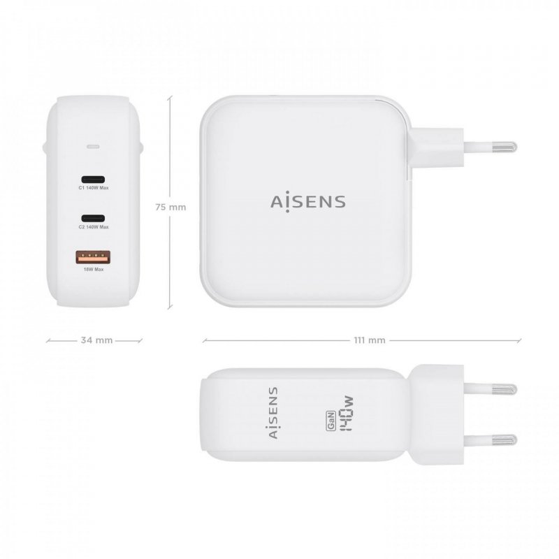 AISENS ASCH-140W3P030-W chargeur d'appareils mobiles Universel Blanc Secteur Charge rapide Intérieure