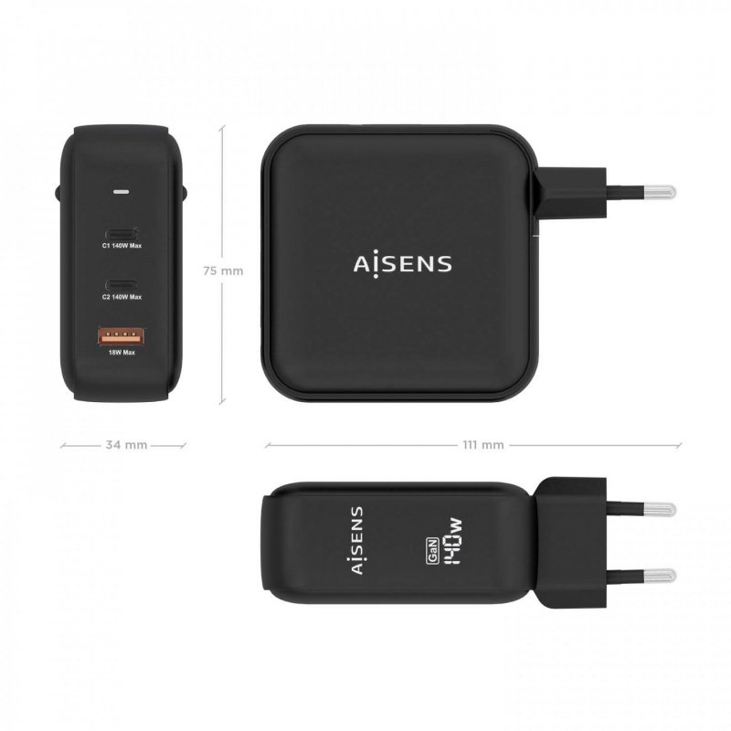 AISENS ASCH-140W3P031-BK chargeur d'appareils mobiles Universel Noir Secteur Charge rapide Intérieure