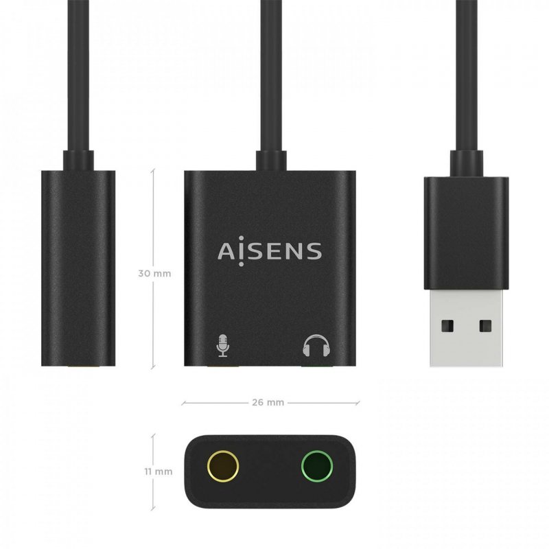 AISENS USB-A to Audio Converter 48Khz, USB-A/M-2xJACK 3.5/H, Black, 10cm