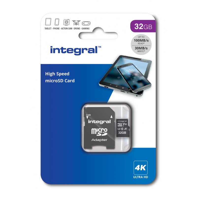 Integral INMSDH32G-100V30 32GB MICRO SD CARD MICROSDHC UHS-1 U3 CL10 V30 A1 UP TO 100MBS READ 30MBS WRITE MicroSD UHS-I