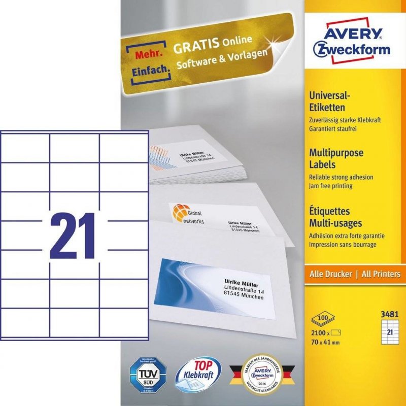 Avery 3481 self-adhesive label Rectangle Permanent White 2100 pc(s)
