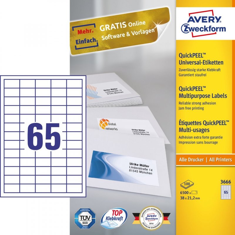 Avery 3666 étiquette auto-collante Rectangle Permanent Blanc 6500 pièce(s)