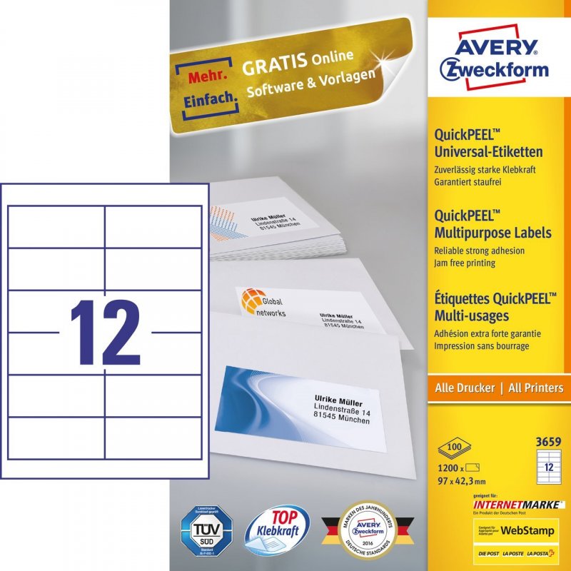 Avery 3659 self-adhesive label Rectangle Permanent White 1200 pc(s)