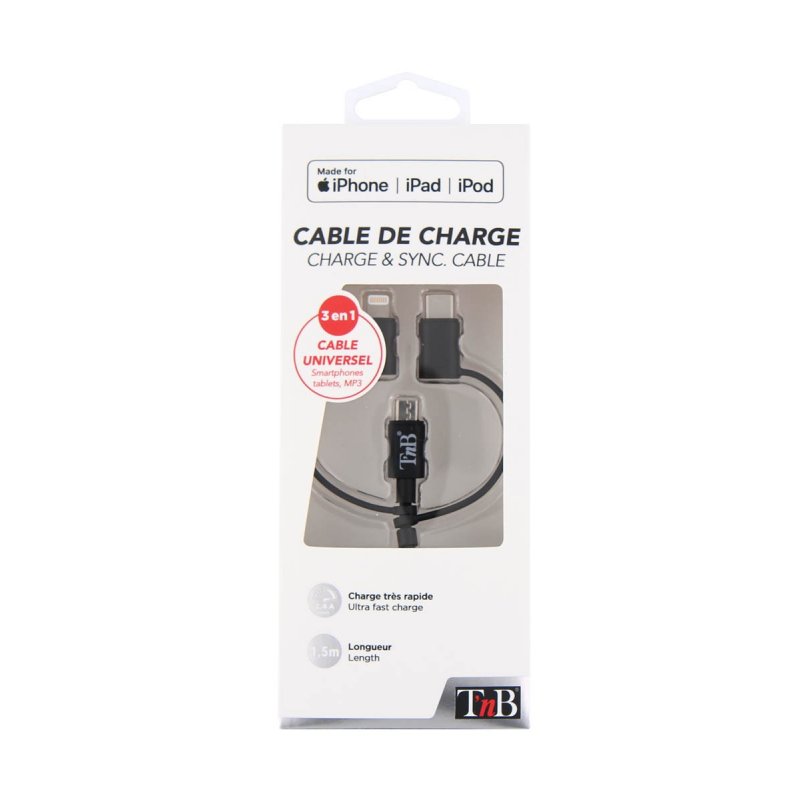 T'nB CBLIGHT3IN1 câble USB 1,5 m USB A Micro-USB B Noir
