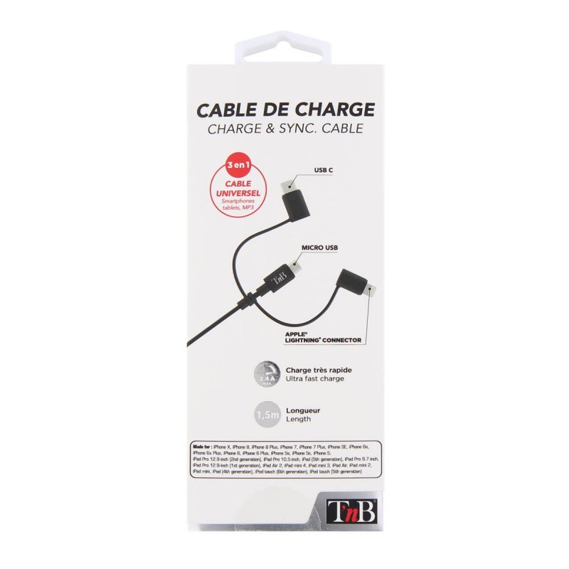 Câble T'nB 3en1 USB - Lightning / Micro-USB / USB-C M/M 1,5m (Noir)