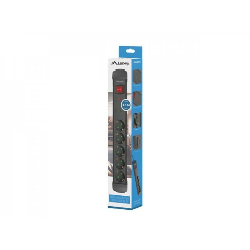 Lanberg SP1-05F-0150-BK multiprise 1,5 m 5 sortie(s) CA Intérieure Noir