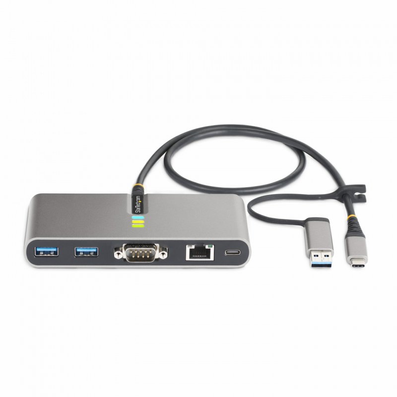 StarTech.com 2-Port USB-C Hub with Ethernet and RS-232, Attached USB-C to USB-A Dongle, 100W PD Pass-Through, 2x USB-A