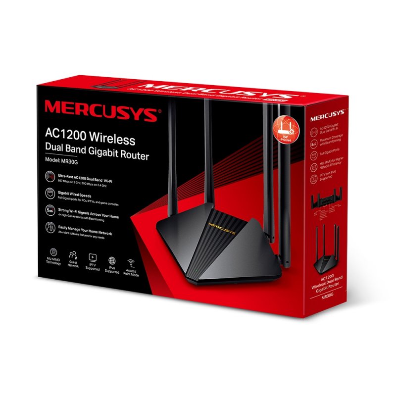 Mercusys (MR30G) AC1200 Wireless Dual Band Gigabit Cable Router, 2 LAN, 1 WAN, MU-MIMO, Access Point Mode