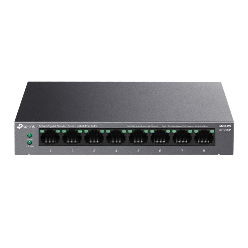 TP-LINK (LS108GP) 8-Port Gigabit Desktop LiteWave Switch with 8-Port PoE , Metal Casing