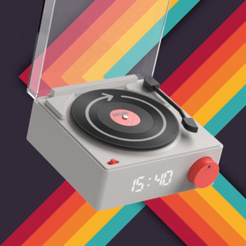 ENCEINTE BLUETOOTH RETRO LOOK PLATINE VINYLE REVEIL SMART GRIS