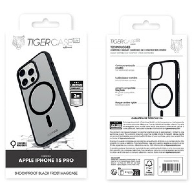 TIGER CASE LITE COQUE MAGSAFE 2M NOIR TRANSLUCIDE IPHONE 15 PRO