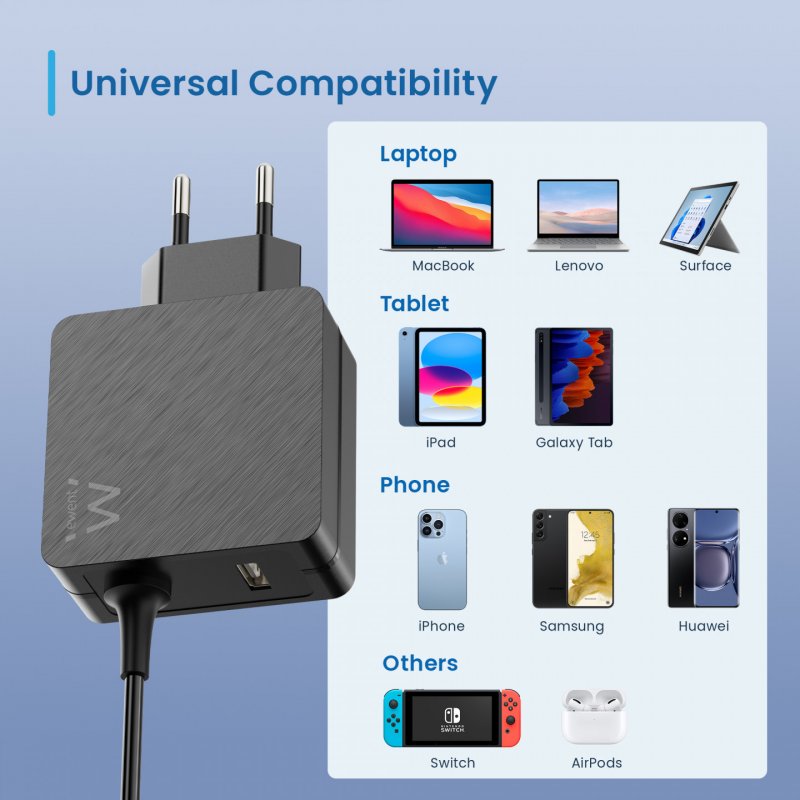 CARGADOR DISPOSITIVO MOVIL EWENT USB C 45W (ADICIONAL USB A)