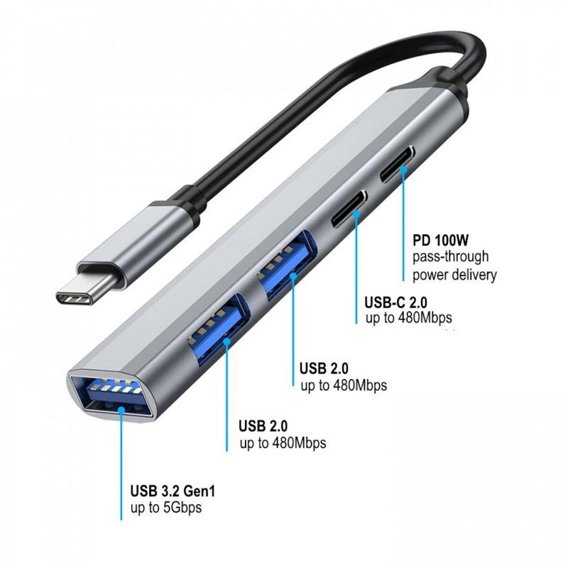 Ewent EW1149 interface hub USB 3.2 Gen 1 (3.1 Gen 1) Type-C 5000 Mbit/s Grey, Silver
