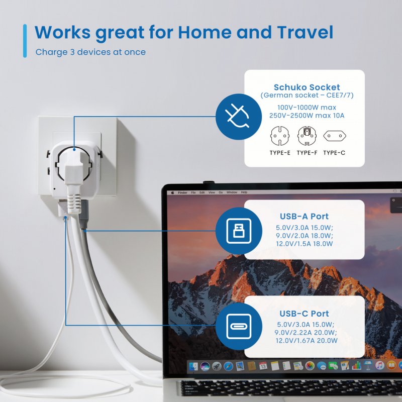 ADAPTADOR DE VIAJE EWENT PUERTO USB Y TIPO C USA/UK/AUS/CHINA