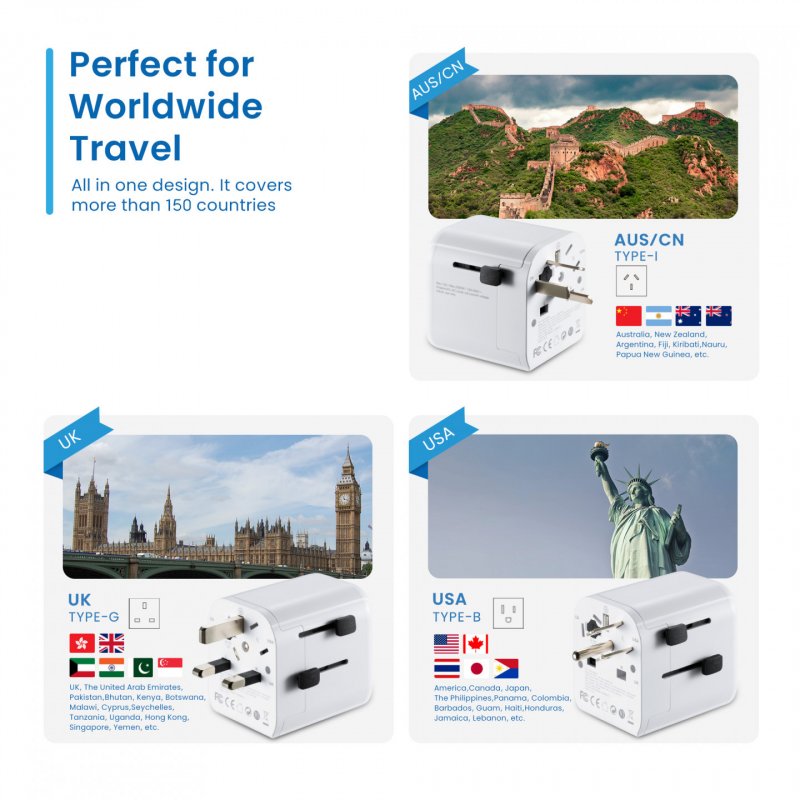 ADAPTADOR DE VIAJE EWENT PUERTO USB Y TIPO C USA/UK/AUS/CHINA