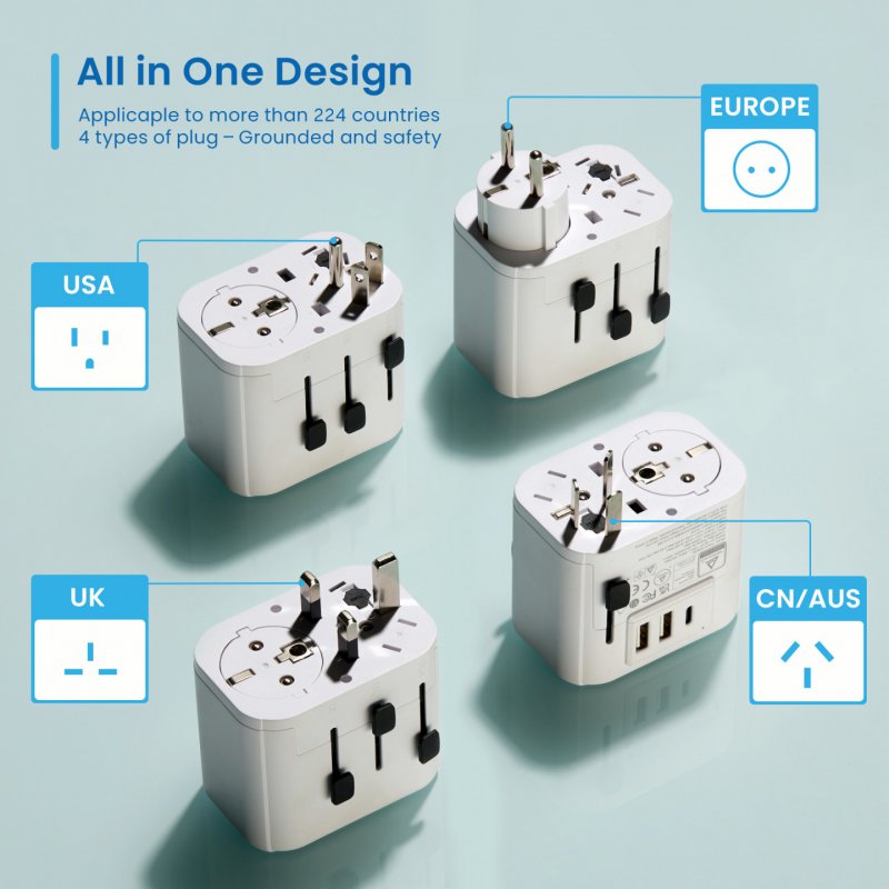 ADAPTADOR DE VIAJE EWENT 2 PUERTOS USB Y TIPO-C USA/UK/AUS/CHINA