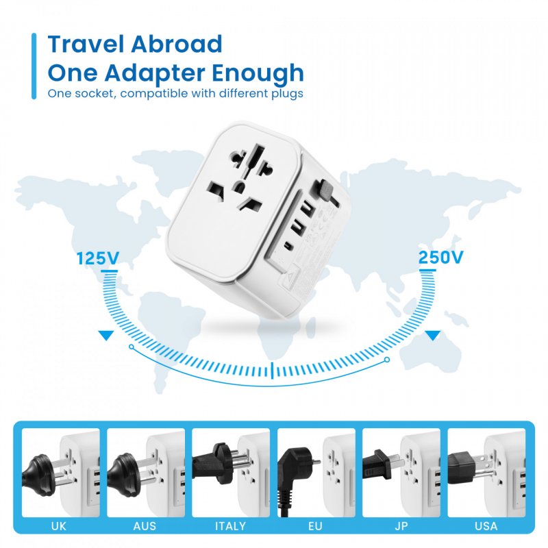 ADAPTADOR DE VIAJE EWENT 2 PUERTOS USB Y TIPO-C USA/UK/AUS/CHINA