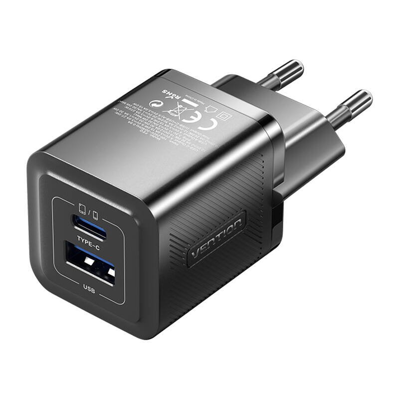 Wall charger, Vention, FEQB0-EU, USB-C, USB- A, 30W/30W, GaN (black)