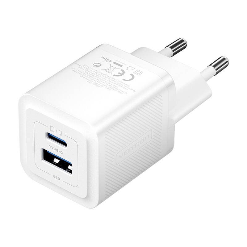 Wall charger, Vention, FEQW0-EU, USB-C USB- A, 30W/30W , GaN (white)
