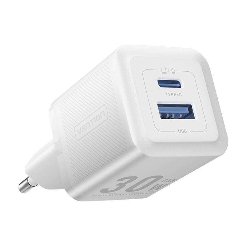 Wall charger, Vention, FEQW0-EU, USB-C USB- A, 30W/30W , GaN (white)