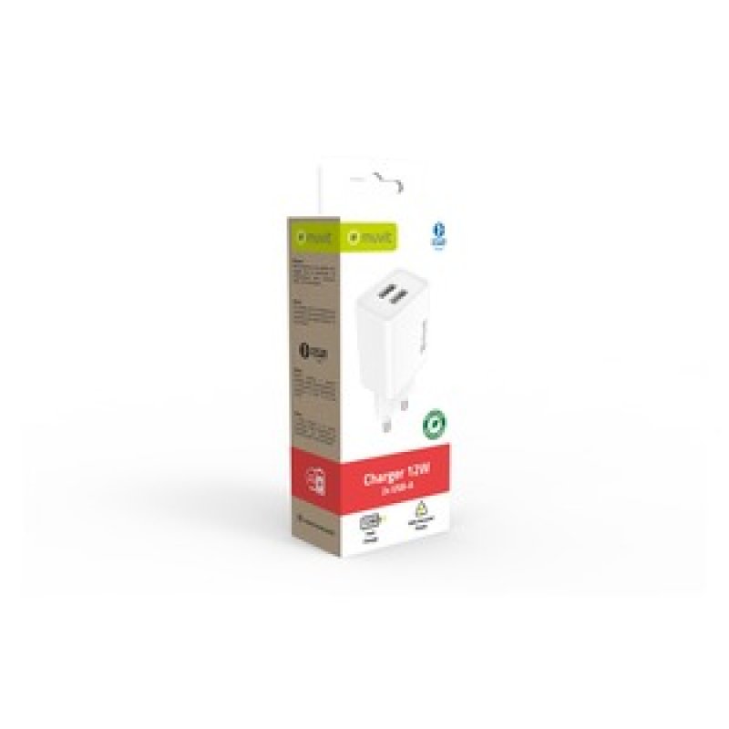 CHARGEUR SECTEUR 12W 2 USB-A PLASTIQUE RECYCLE BLANC