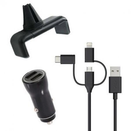 PACK 3EN1 CHARGEUR VOITURE 2 USB-A CABLE 3EN1 SUPPORT GRILLE
