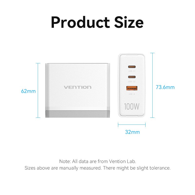 Vention 3-Port USB (C C A) GaN Charger (100W/100W/30W) EU-Plug White
