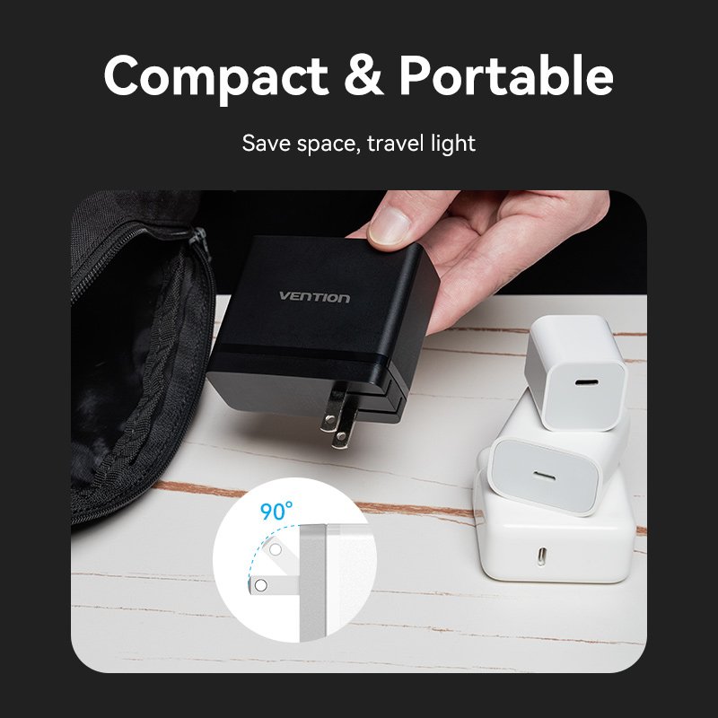 Vention 3-Port USB (C C A) GaN Charger (100W/100W/30W) EU-Plug White