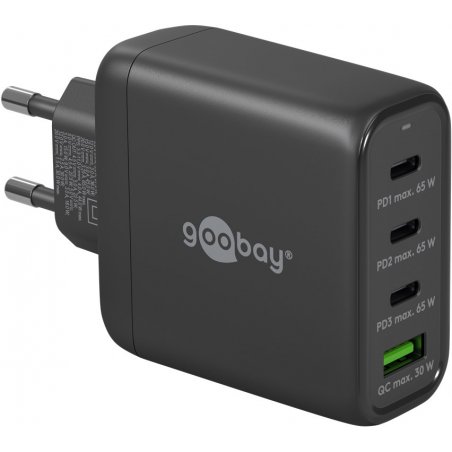 USB-C Multiport-Schnellladegerät, PD, GaN, 68 Watt (schwarz, 3x USB-C, 1x USB-A, Power Delivery, QuickCharge)