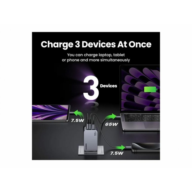 Ugreen Nexode Pro EU 3-Port GaN PD Fast Charger With USB-C Cable Universal Black, Grey AC Fast charging Indoor