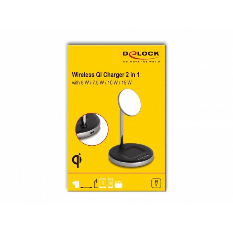 DeLOCK Chargeur sans fil 2 en 1 avec 5 W / 7,5 W / 10 W / 15 W - Qi