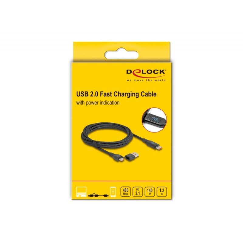 DeLOCK Câble USB 2.0 de chargement rapide USB Type-C™ USB Type-A mâle à USB Type-C™ mâle PD 3.1 140 W avec