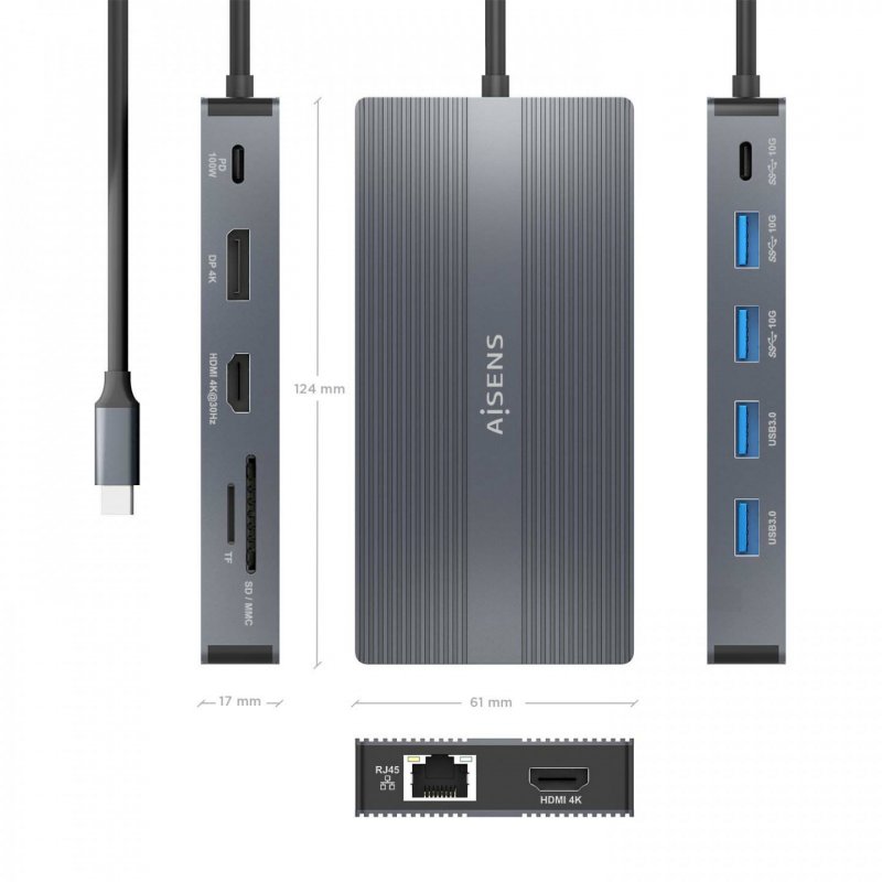 DOCK AISENS 12 EN 1 USB-C A 2xHDMI DP RJ45 4xUSB-A USB-C USB-C PD 20CM