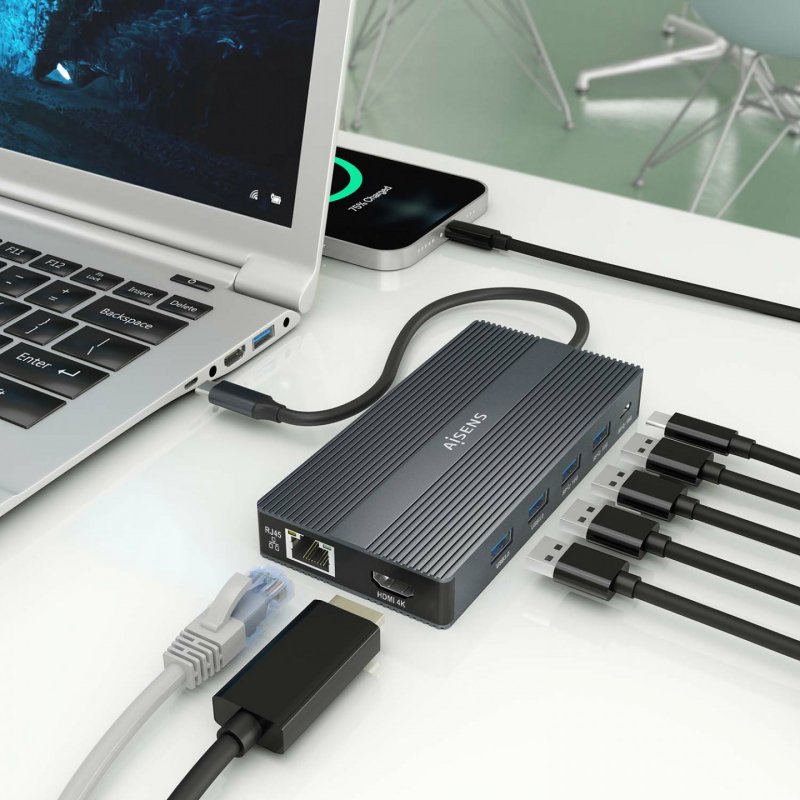 DOCK AISENS 12 EN 1 USB-C A 2xHDMI DP RJ45 4xUSB-A USB-C USB-C PD 20CM