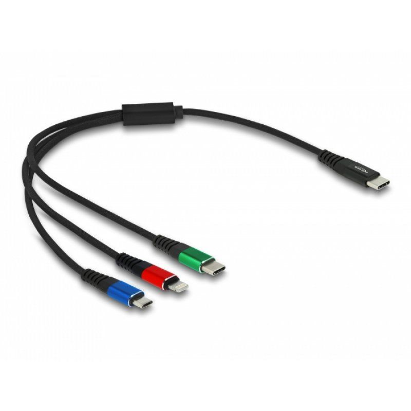 DeLOCK Câble USB de chargement 3-en-1 USB Type-C™ à Lightning™ / Micro USB / USB Type-C™, 30 cm