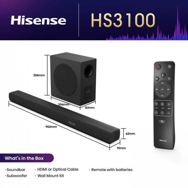 Hisense HS3100 soundbar speaker Black 3.1 channels 480 W