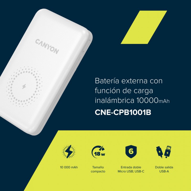 Canyon PB-1001 Power Bank mit kabelloser Ladefunktion 10.000 mAh Unterstützt Quick Charge 3.0 und PD 18 W, 10W Magsafe